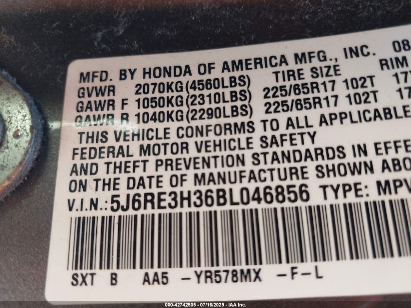 2011 Honda Cr-V Lx VIN: 5J6RE3H36BL046856 Lot: 42742505