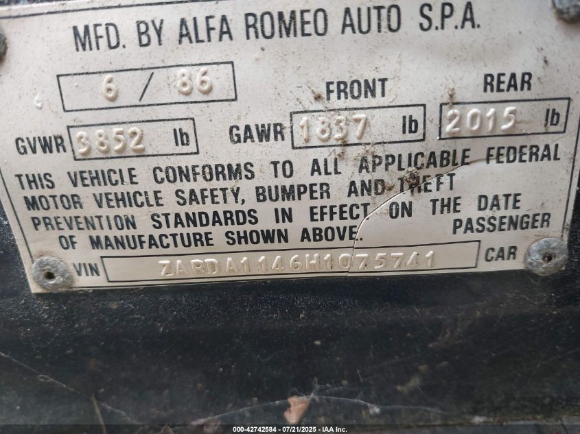 1987 Alfa Romeo Milano Silver VIN: ZARDA1146H1075741 Lot: 42742584