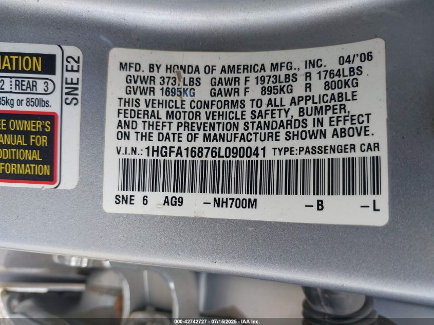 2006 Honda Civic Ex VIN: 1HGFA16876L090041 Lot: 42742727