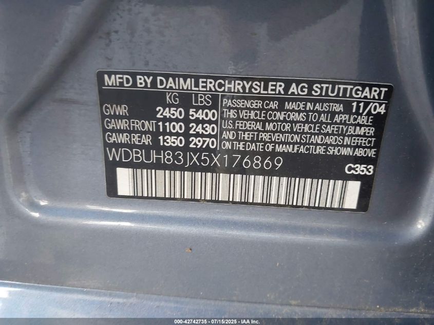 2005 Mercedes-Benz E 500 4Matic VIN: WDBUH83JX5X176869 Lot: 42742735