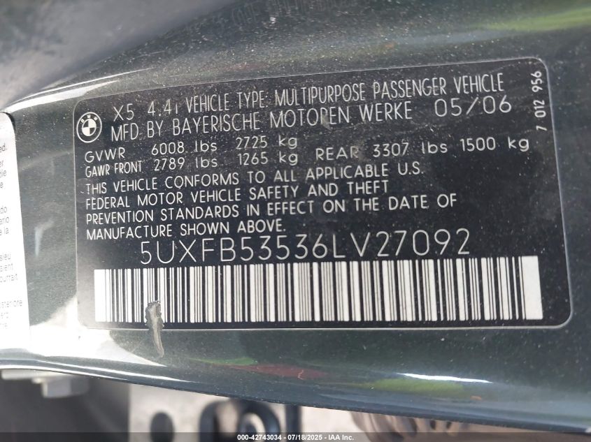 2006 BMW X5 4.4I VIN: 5UXFB53536LV27092 Lot: 42743034