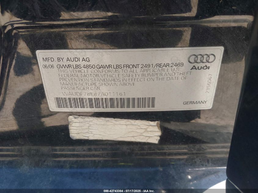 2007 Audi A4 2.0T VIN: WAUDF78E87A011161 Lot: 42743384