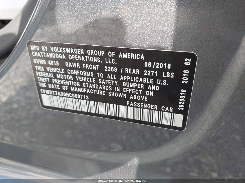 2017 Volkswagen Passat 1.8T R-Line VIN: 1VWDT7A30HC000713 Lot: 42743585