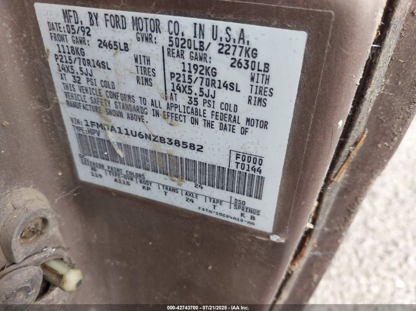 1FMDA11U6NZB38582 1992 FORD AEROSTAR photo no. 9