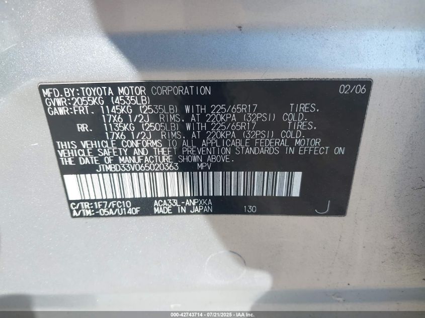 2006 Toyota Rav4 VIN: JTMBD33V065020363 Lot: 42743714