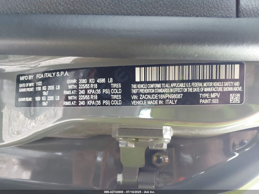 2022 Jeep Renegade Altitude 4X4 VIN: ZACNJDE18NPN98087 Lot: 42743800