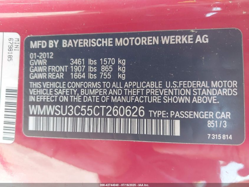2012 Mini Cooper VIN: WMWSU3C55CT260626 Lot: 42744048