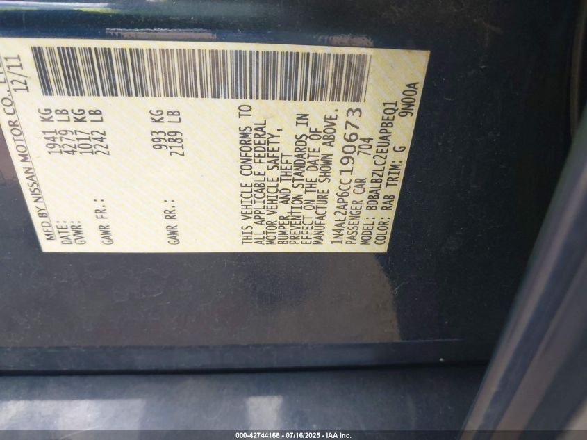 2012 Nissan Altima 2.5 S VIN: 1N4AL2AP6CC190673 Lot: 42744166