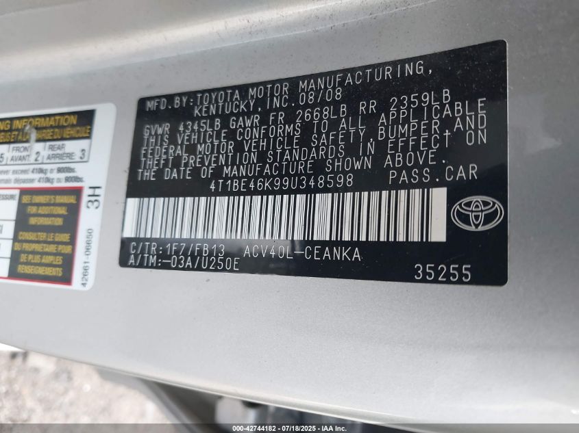2009 Toyota Camry Se/Le/Xle VIN: 4T1BE46K99U348598 Lot: 42744182