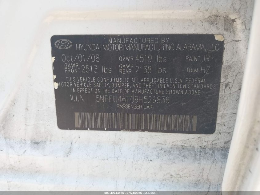 2009 Hyundai Sonata Limited V6 VIN: 5NPEU46F09H526836 Lot: 42744185