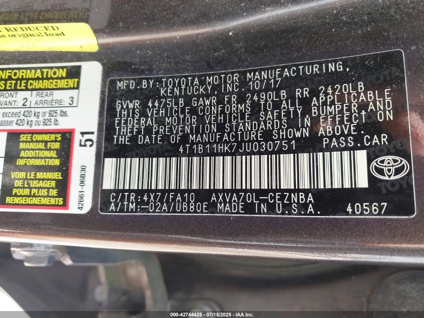 2018 Toyota Camry Le VIN: 4T1B11HK7JU030751 Lot: 42744425