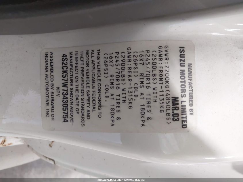 2003 Isuzu Rodeo Sport VIN: 4S2CK57W734305754 Lot: 42744594