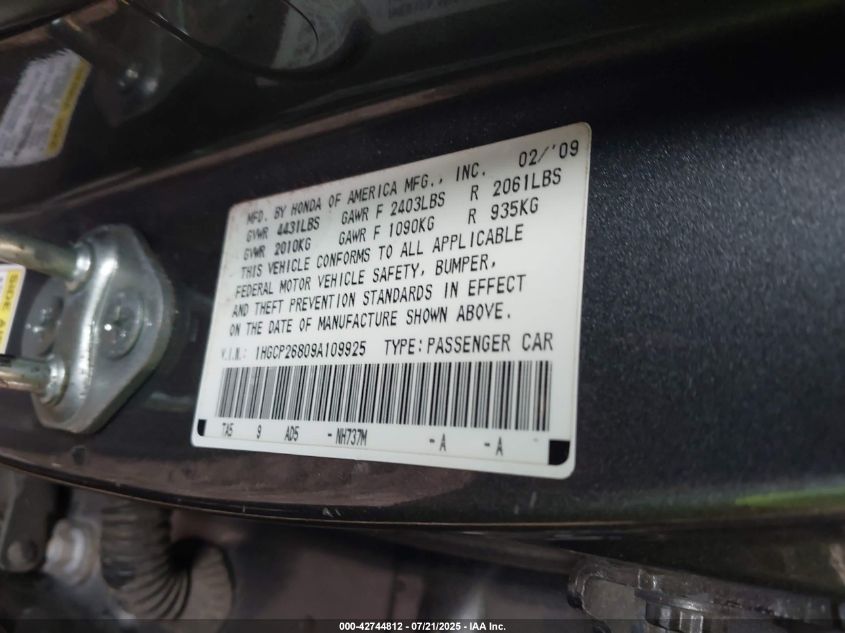 2009 Honda Accord 2.4 Ex-L VIN: 1HGCP26809A109925 Lot: 42744812