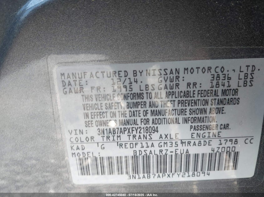 2015 Nissan Sentra Sr VIN: 3N1AB7APXFY218094 Lot: 42745040