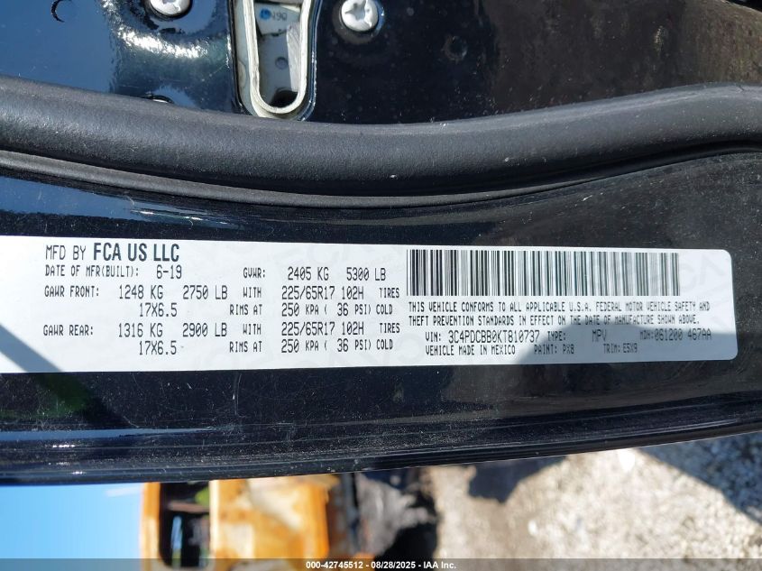 2019 Dodge Journey Se VIN: 3C4PDCBB0KT810737 Lot: 42745512