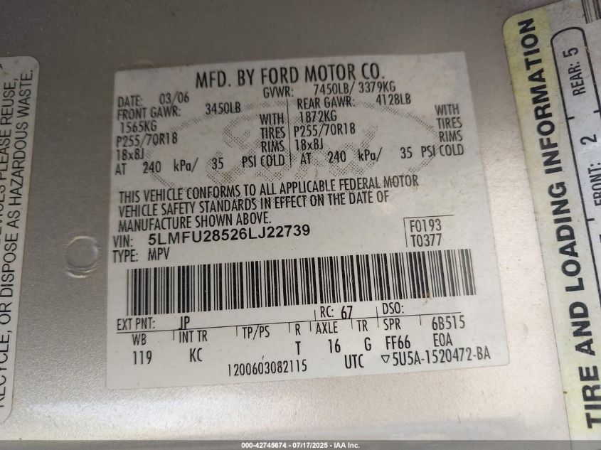 2006 Lincoln Navigator Luxury/Ultimate VIN: 5LMFU28526LJ22739 Lot: 42745674