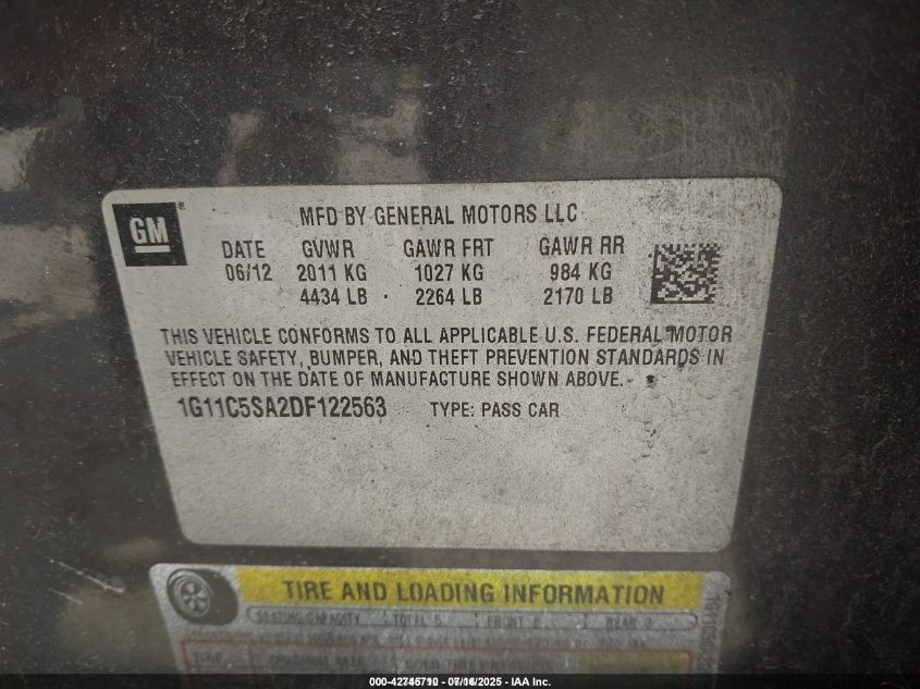 2013 Chevrolet Malibu 1Lt VIN: 1G11C5SA2DF122563 Lot: 42745710