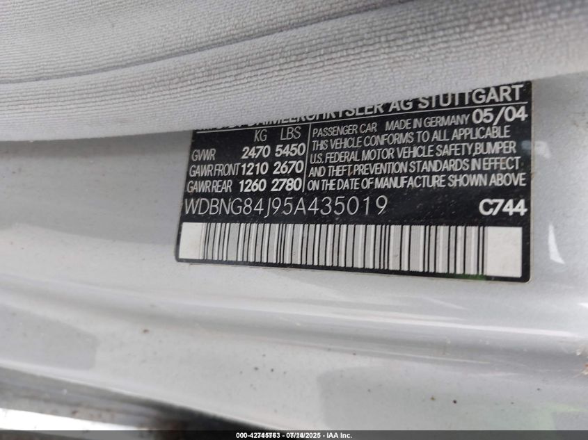 2005 Mercedes-Benz S 500 4Matic VIN: WDBNG84J95A435019 Lot: 42745763