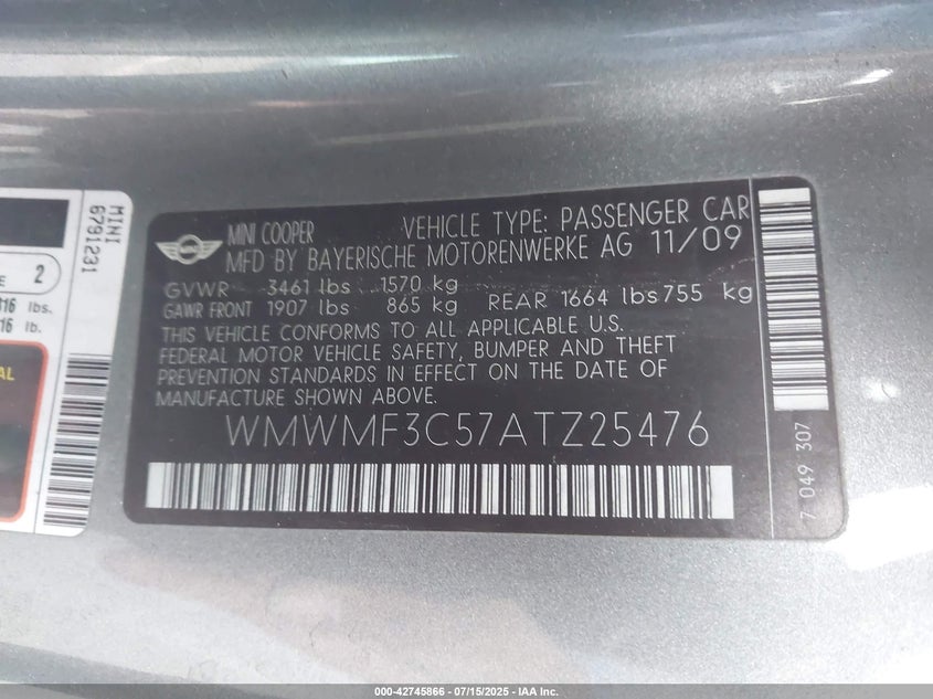 2010 MINI COOPER VIN: WMWMF3C57ATZ25476