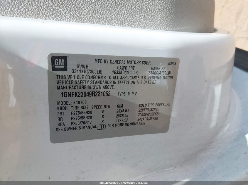 2009 Chevrolet Tahoe Lt2 VIN: 1GNFK23049R221063 Lot: 42745879