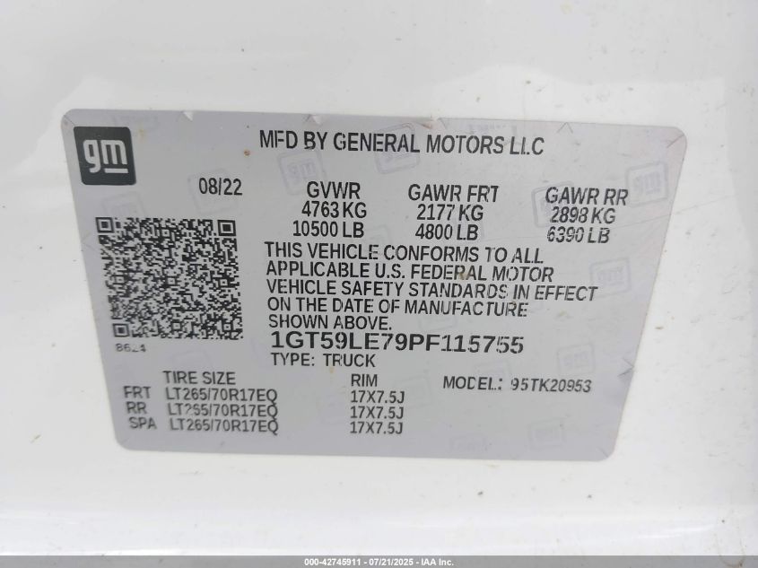 2023 GMC Sierra 2500Hd 4Wd Double Cab Long Bed Pro VIN: 1GT59LE79PF115755 Lot: 42745911