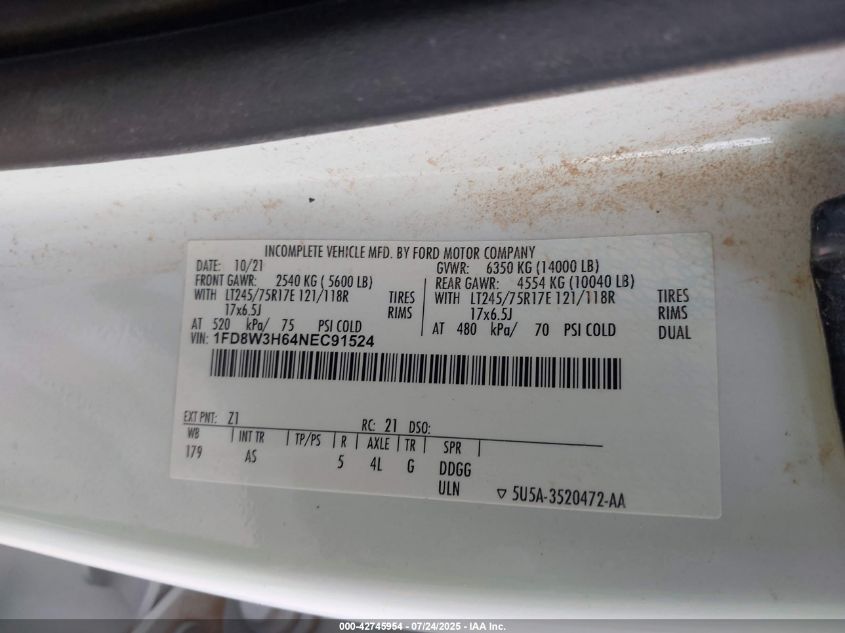 2022 Ford F-350 Chassis Xl VIN: 1FD8W3H64NEC91524 Lot: 42745954