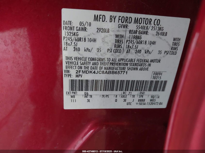 2FMDK4JC8ABB65771 2010 FORD EDGE photo no. 9