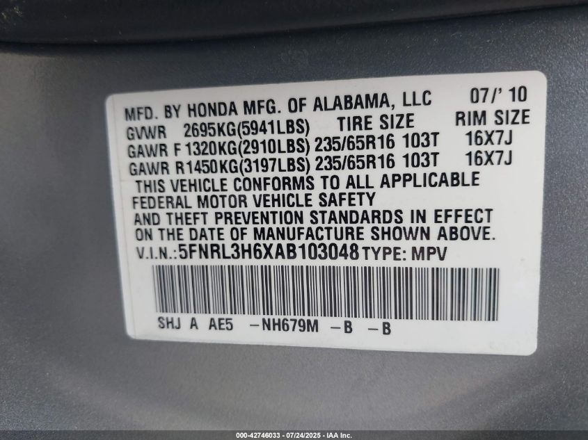 2010 Honda Odyssey Ex-L VIN: 5FNRL3H6XAB103048 Lot: 42746033