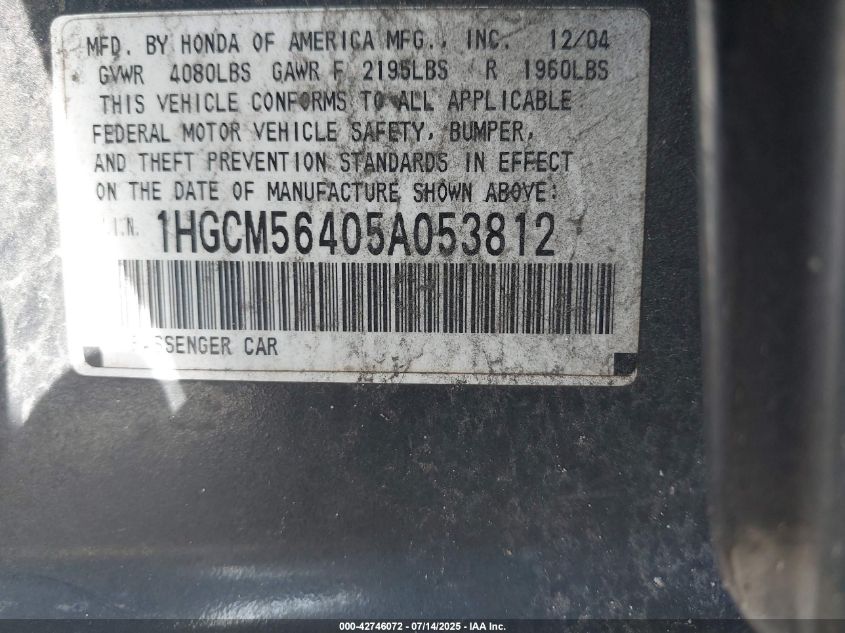 2005 Honda Accord 2.4 Lx VIN: 1HGCM56405A053812 Lot: 42746072