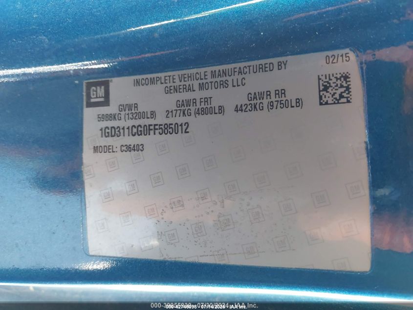 2015 GMC Sierra 3500Hd Chassis VIN: 1GD311CG0FF585012 Lot: 42746098