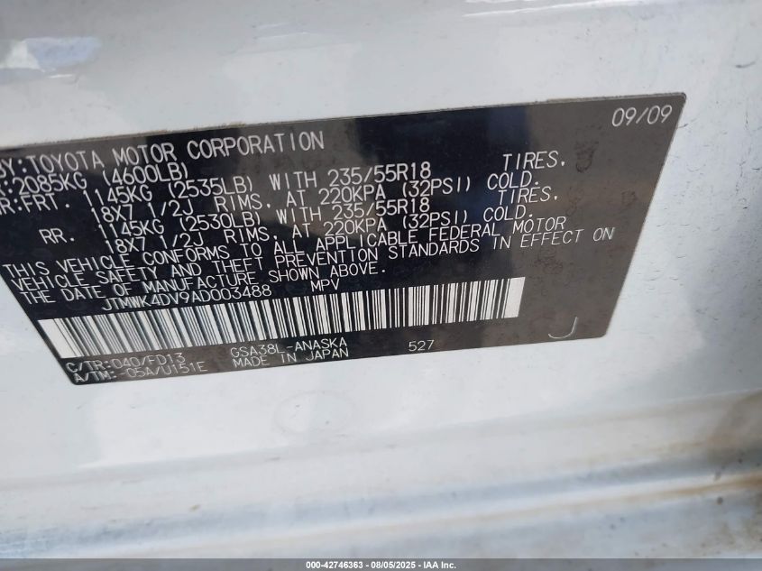 2010 Toyota Rav4 Sport V6 VIN: JTMWK4DV9AD003488 Lot: 42746363