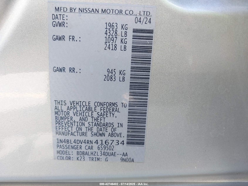 2024 NISSAN ALTIMA SV FWD - 1N4BL4DV4RN416734