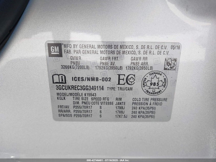 2016 CHEVROLET SILVERADO 1500 1LT/2LT - 3GCUKREC3GG349114