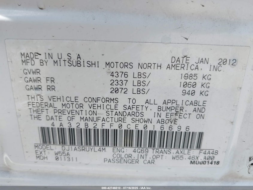 2012 Mitsubishi Galant Fe VIN: 4A32B2FF0CE016696 Lot: 42746510