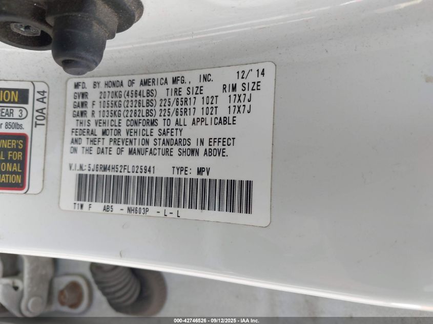 2015 Honda Cr-V Ex VIN: 5J6RM4H52FL025941 Lot: 42746526