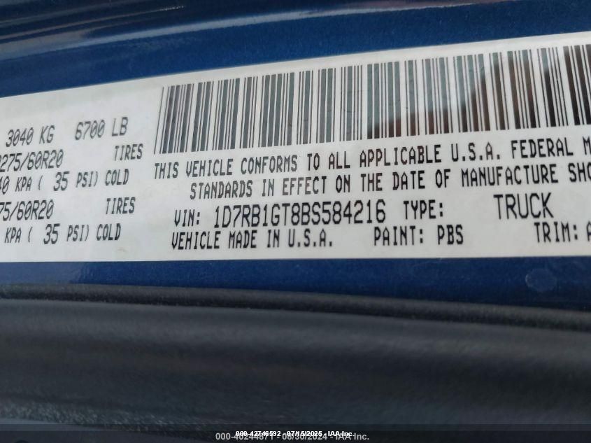 2011 Ram Ram 1500 Sport VIN: 1D7RB1GT8BS584216 Lot: 42746592