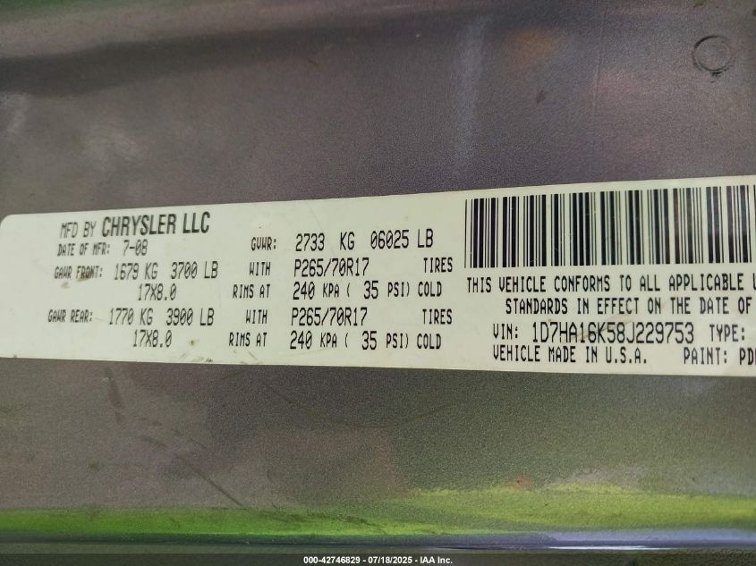 2008 Dodge Ram 1500 St/Sxt VIN: 1D7HA16K58J229753 Lot: 42746829
