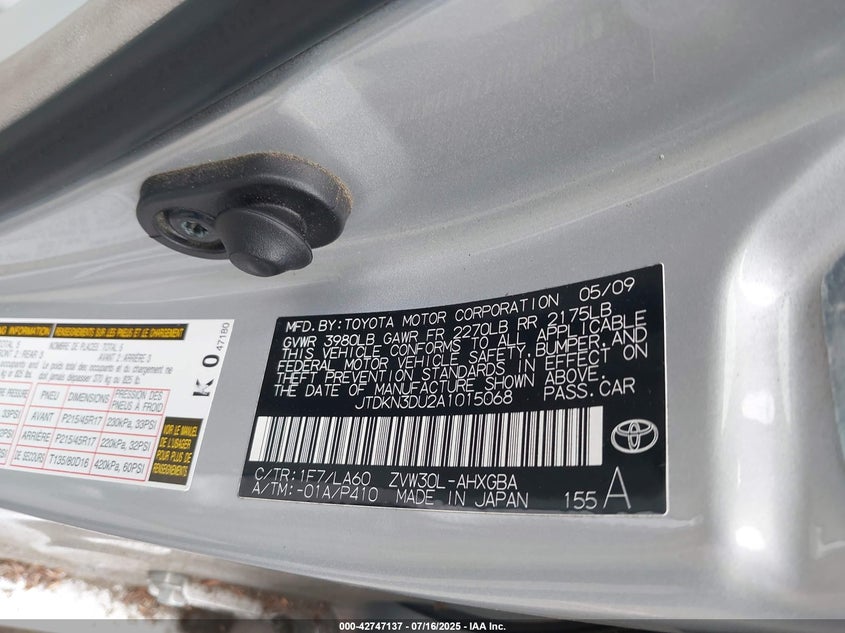 2010 TOYOTA PRIUS VIN: JTDKN3DU2A1015068