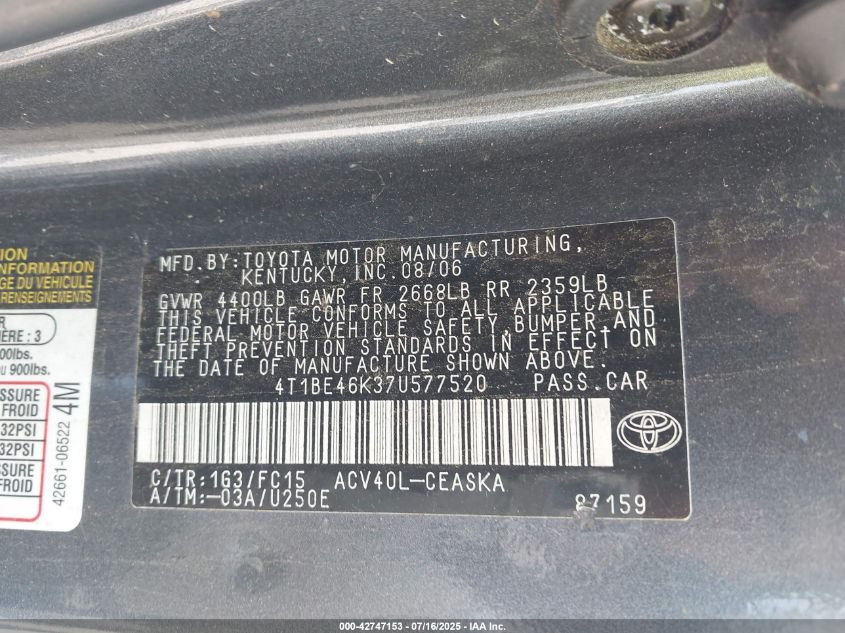 2007 Toyota Camry Se VIN: 4T1BE46K37U577520 Lot: 42747153
