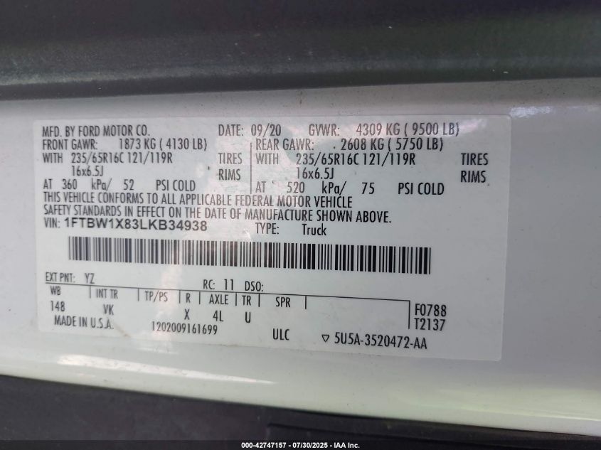 2020 Ford Transit-350 VIN: 1FTBW1X83LKB34938 Lot: 42747157
