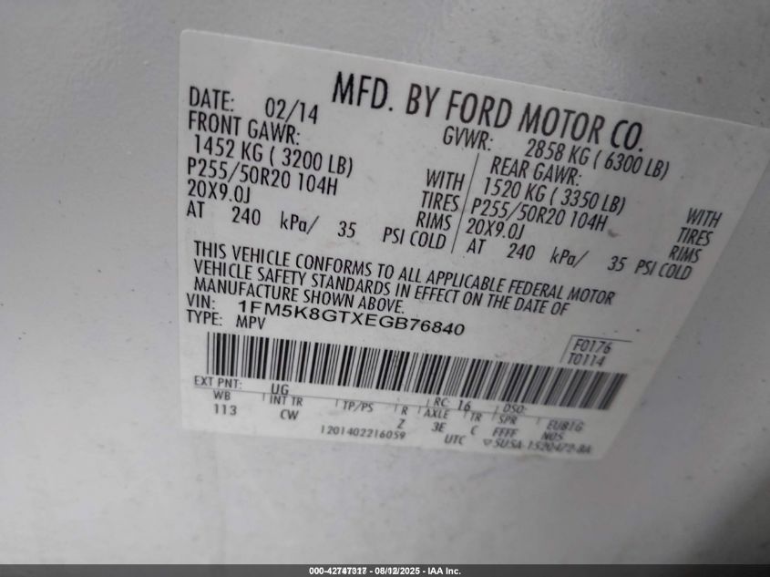 2014 Ford Explorer Sport VIN: 1FM5K8GTXEGB76840 Lot: 42747317