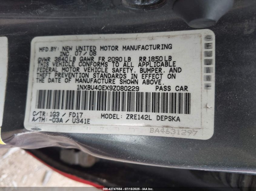 2009 Toyota Corolla S VIN: 1NXBU40EX9Z080229 Lot: 42747554