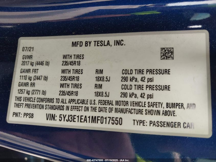 2021 Tesla Model 3 Standard Range Plus Rear-Wheel Drive VIN: 5YJ3E1EA1MF017550 Lot: 42747599