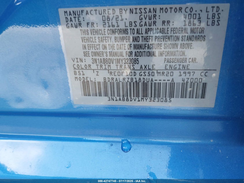 2021 Nissan Sentra(VIN: 3N1AB8DV1MY323085