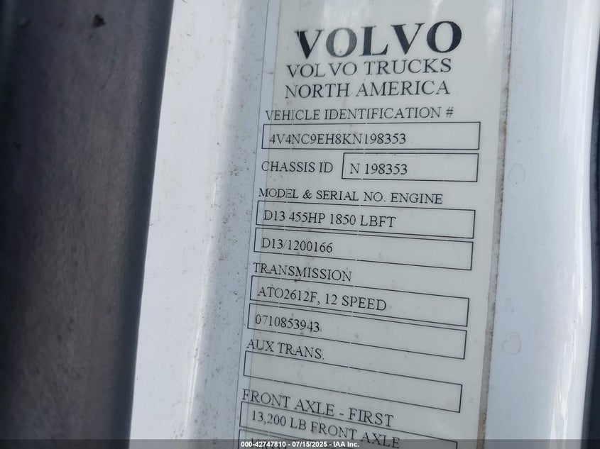 2019 Volvo Vnl VIN: 4V4NC9EH8KN198353 Lot: 42747810