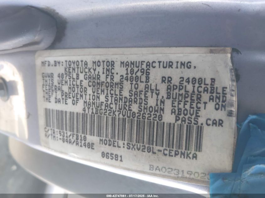 1997 Toyota Camry Le VIN: 4T1BG22K7VU026220 Lot: 42747861