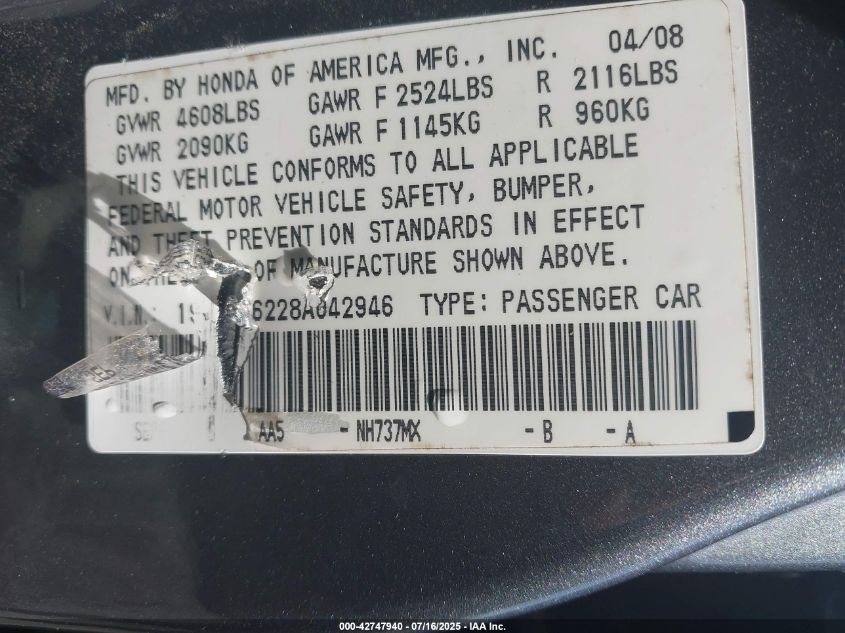 2008 Acura Tl 3.2 VIN: 19UUA66228A042946 Lot: 42747940