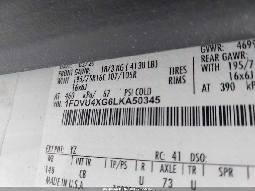 2020 Ford Transit-350 Passenger Van Xl VIN: 1FDVU4XG6LKA50345 Lot: 42747941