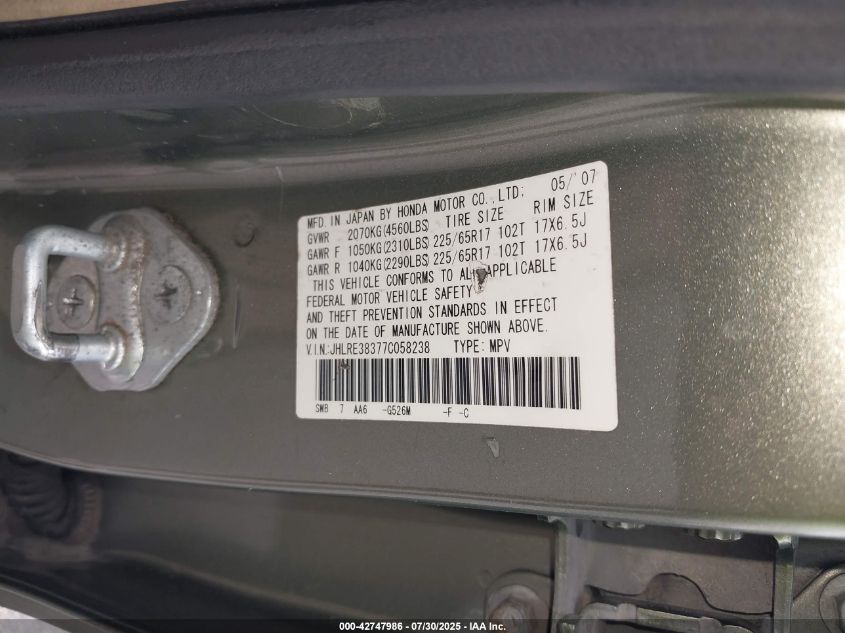2007 Honda Cr-V Lx VIN: JHLRE38377C058238 Lot: 42747986