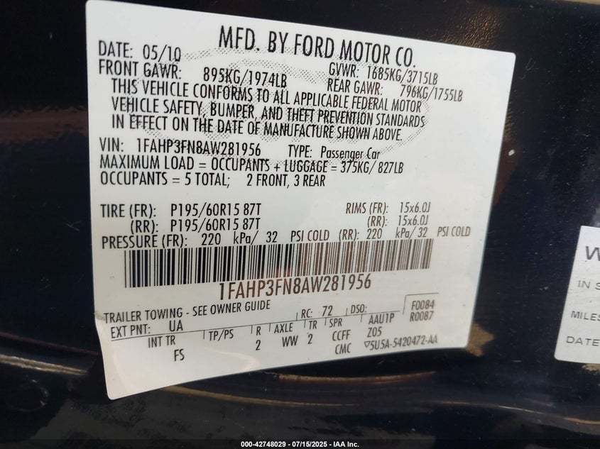 2010 FORD FOCUS VIN: 1FAHP3FN8AW281956